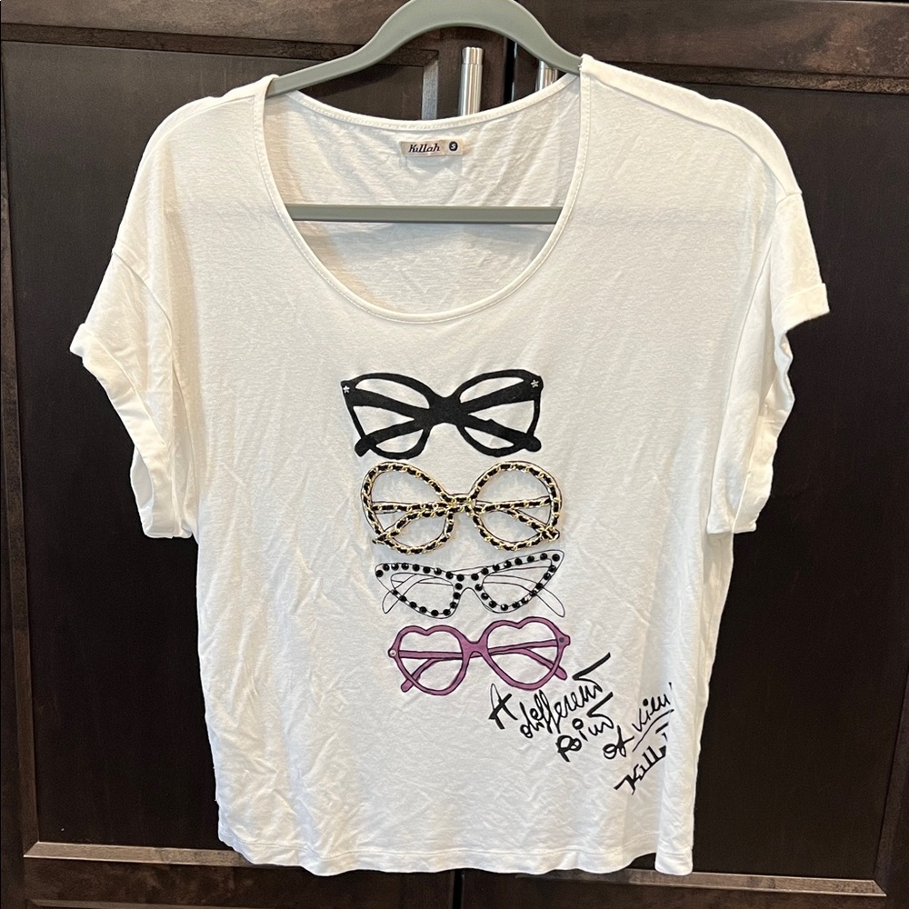 White Graphic T-Shirt with Sunglasses Design EUC. Size S